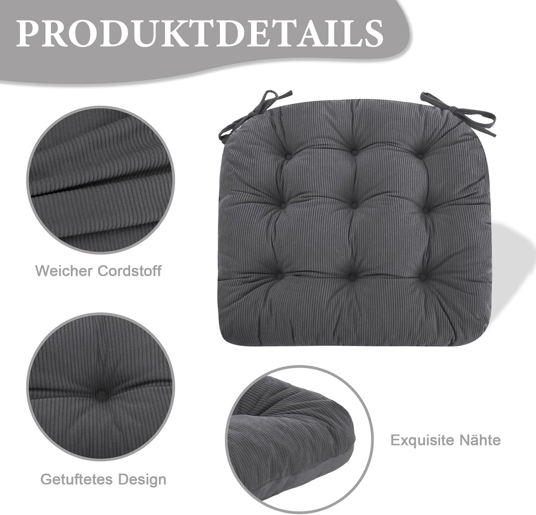 2er Set Stuhlkissen, 40x40x7 cm, Anthrazit – Bequeme Sitzkissen aus Cordstoff und Kristallsamt mit B