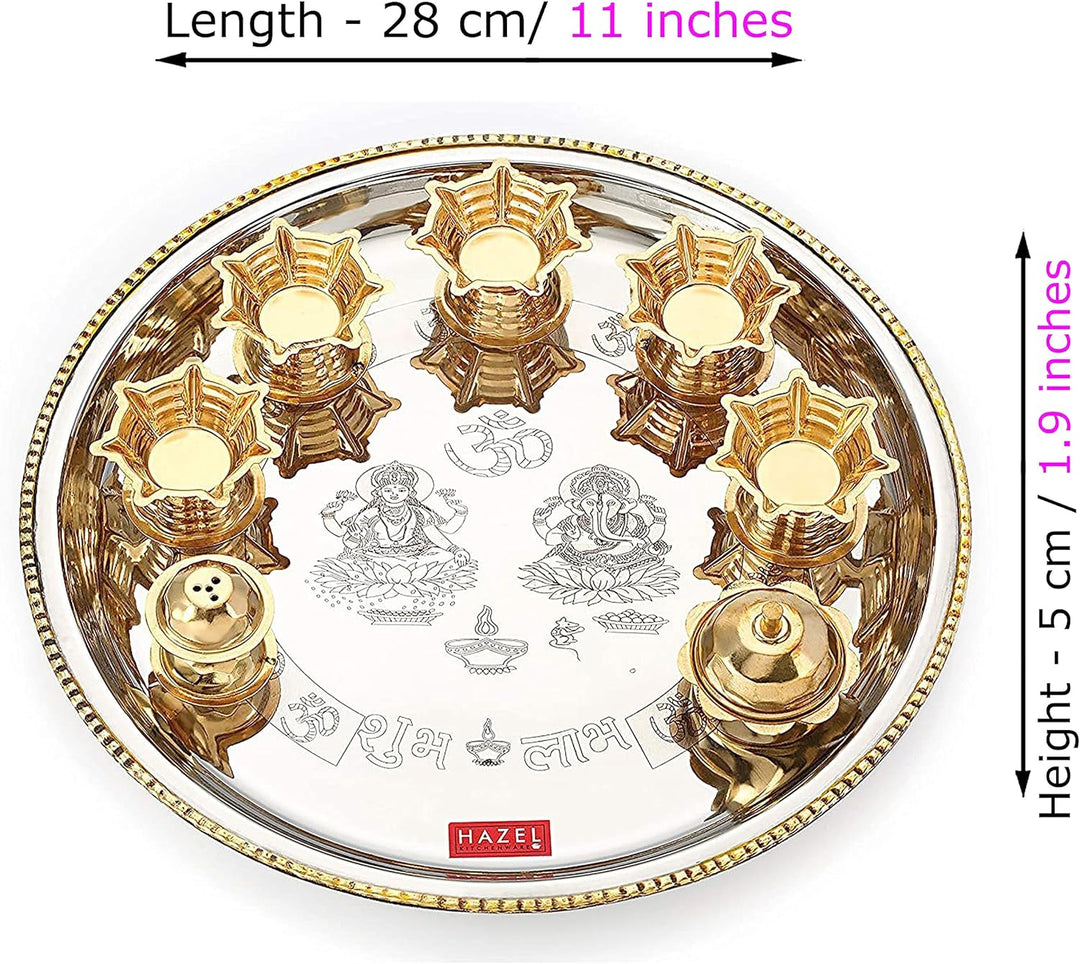 HAZEL Edelstahl Puja Pooja Aarti Thali Set 28 cm mit 5 Diva, 1 Räucherstäbchenhalter und Kumkum Wati