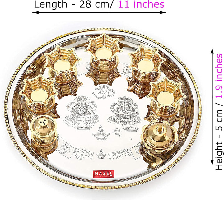 HAZEL Edelstahl Puja Pooja Aarti Thali Set 28 cm mit 5 Diva, 1 Räucherstäbchenhalter und Kumkum Wati