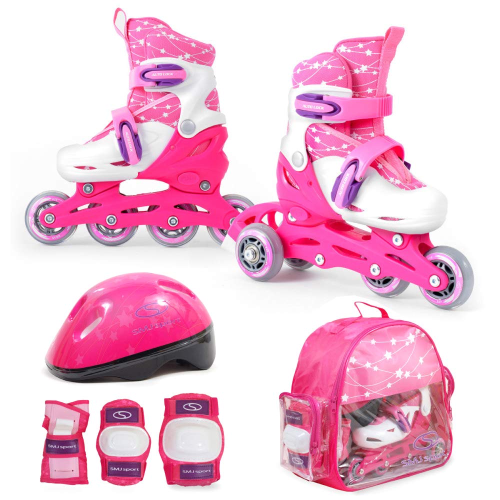 SMJ Kinder Mädchen Set 2in1 Inliner Rollschuhe VERSTELLBAR Inline Skates mit LED Rollen + Schonerset