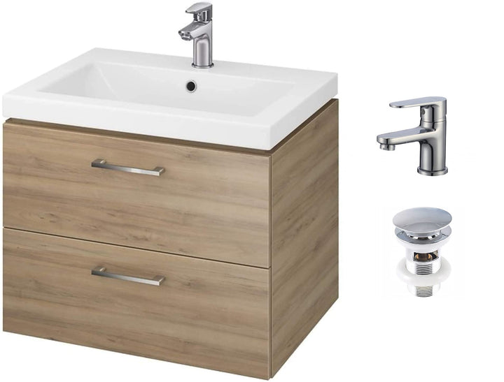 VBChome Waschbecken mit Unterschrank Nussbaum 60 cm mit Armatur und Pop Up ventil 2 Schubladen Weiss