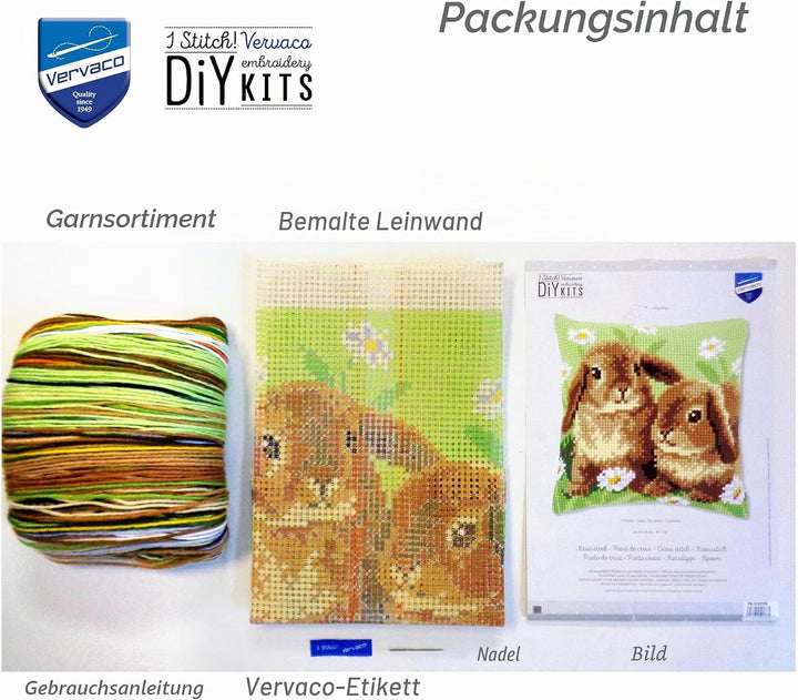 Vervaco Kreuzstichkissen 2 Kaninchen Kreuzstickpackung vorgedruckt, Stramin, weiss, 40 x 40 x 0,3 cm