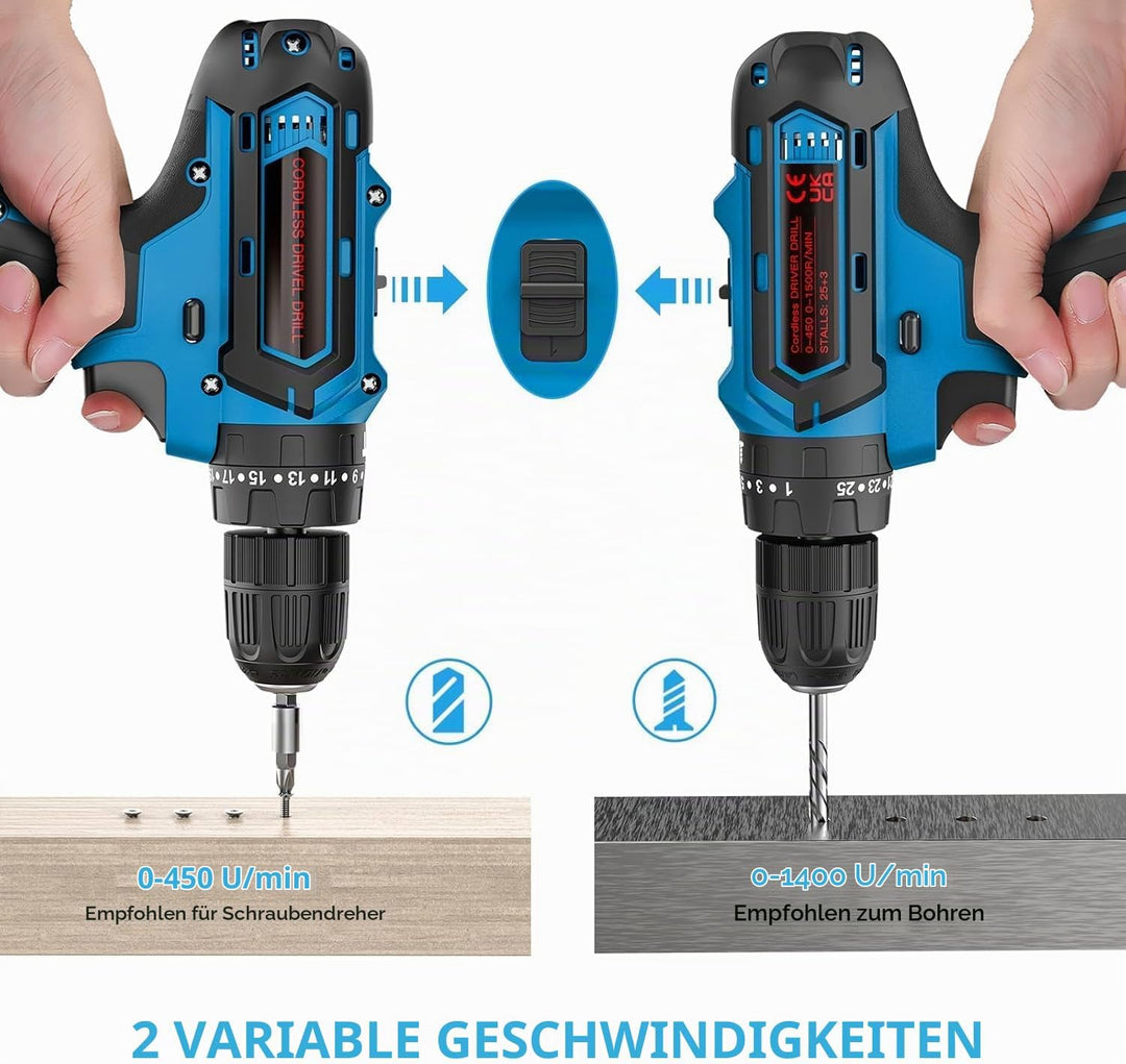21V Akkuschrauber Set mit Koffer – 2×2000 mAh Akkus, 2-Gang, 25+3 Drehmomentstufen, 10 mm Schnellspa