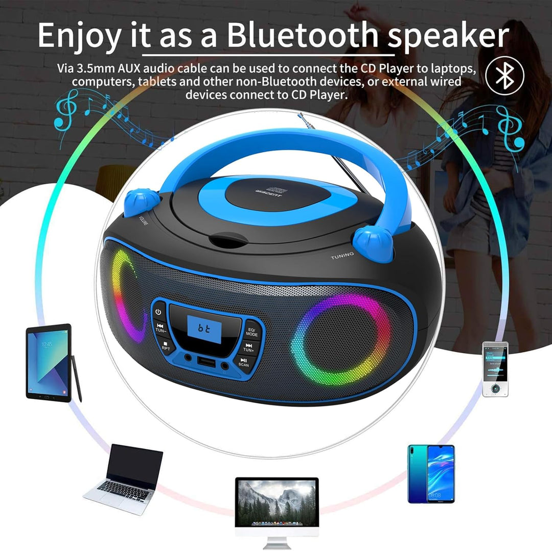 Tragbarer Stereo-CD-Player Boombox mit UKW-Radio, Bluetooth, CD-R/CD-RW/MP3/WMA-Wiedergabe, USB-Ansc