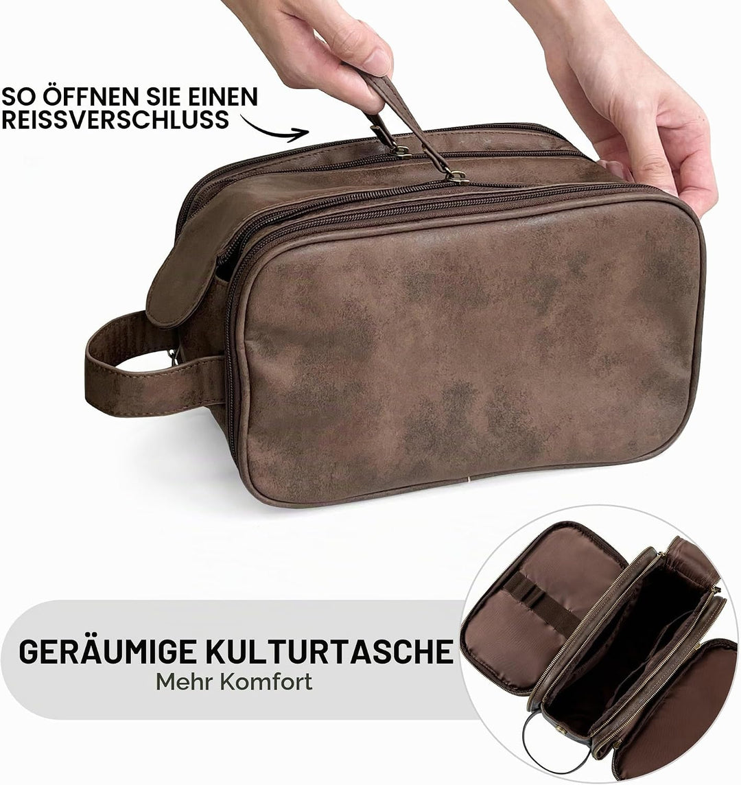 Elviros Kulturbeutel Herren, Geschenke für Männer, PU-Leder Wasserdicht Reise Grosse Öffnung Kulturb
