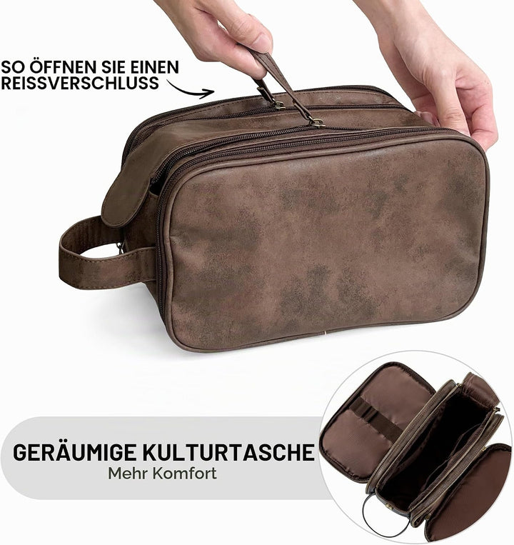 Elviros Kulturbeutel Herren, Geschenke für Männer, PU-Leder Wasserdicht Reise Grosse Öffnung Kulturb