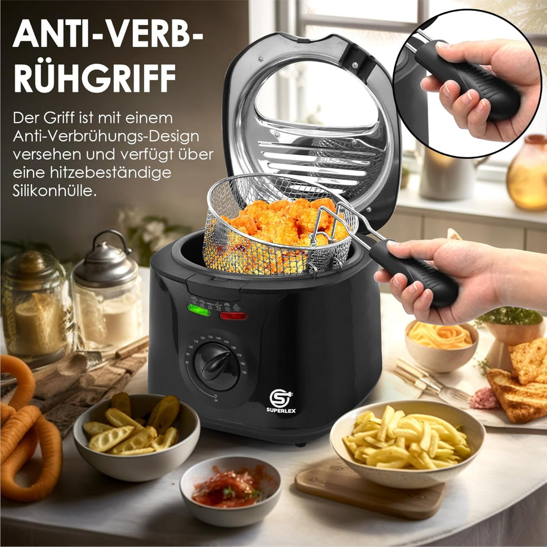 Friteuse mit Fett 2L Edelstahl 1300W Elektrische Kompakte Mini Fritteuse Öl mit Temperaturregelung f