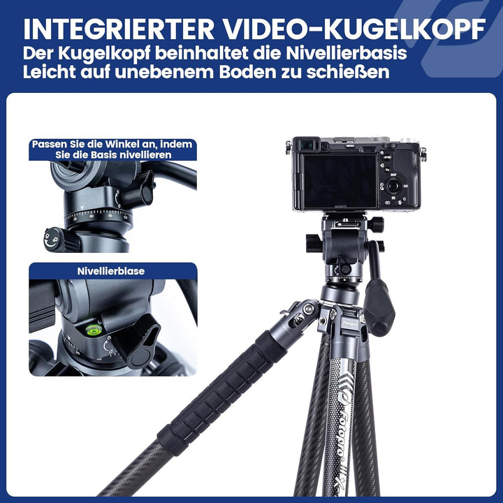 Fotopro Carbonfaser Reisestativ 1kg Ultraleicht 154 cm Tragbares Kompaktes Reise-Videostativ für Kam