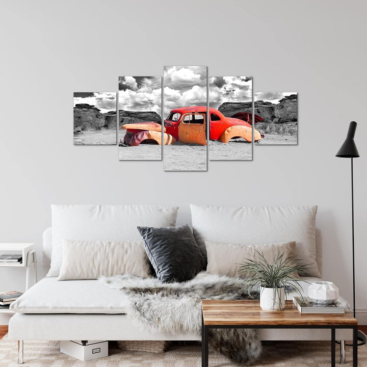 Runa Art Wandbilder Auto Oldtimer 5 Teilig Bild auf Vlies Leinwand Deko Wohnzimmer Abstrakt Rot Grau