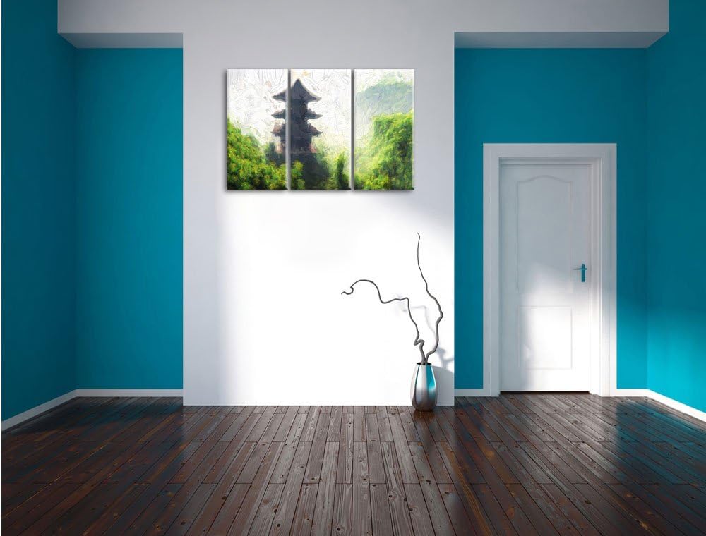 Pixxprint chinesische Häuser Kunst / 3-Teilig/Gesamtmass 120cm Leinwandbild bespannt auf Holzrahmen/