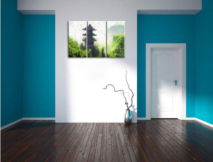 Pixxprint chinesische Häuser Kunst / 3-Teilig/Gesamtmass 120cm Leinwandbild bespannt auf Holzrahmen/