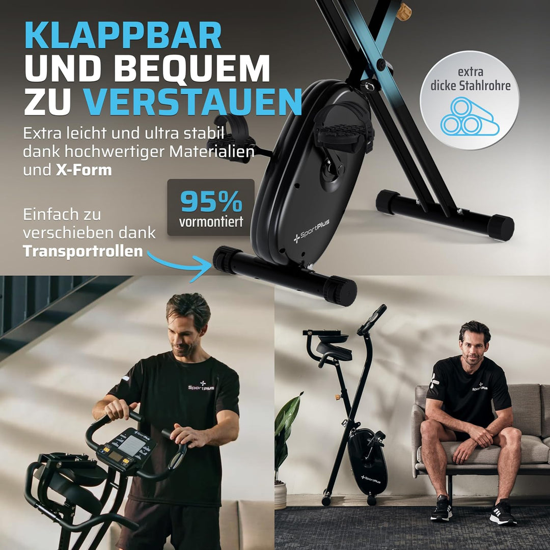 SportPlus Heimtrainer klappbar für zuhause, optional mit App Steuerung, Rückenlehne,Pulsmessung, man