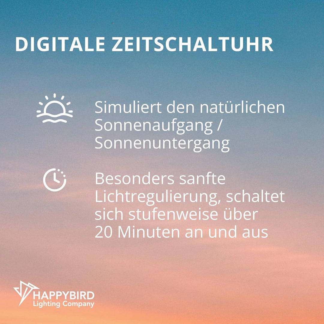 Programmierbarer Timer und Dimmer der HappyBird Lighting Company. Es schaltet Sich langsam zur progr