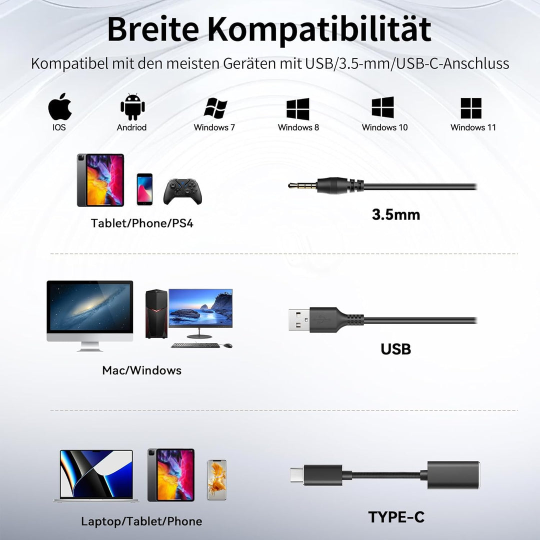 Wantek 602F Headsets mit Kabel Noise Cancelling Mikrofon USB 3,5mm Stecker und Typ-C Adapter für Com