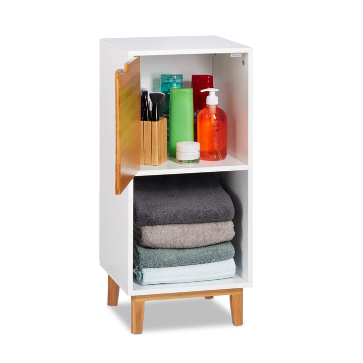 Relaxdays Standregal weiss, Beistellschrank aus MDF und Bambus, Wohnzimmerregal, skandinavisch, HBT