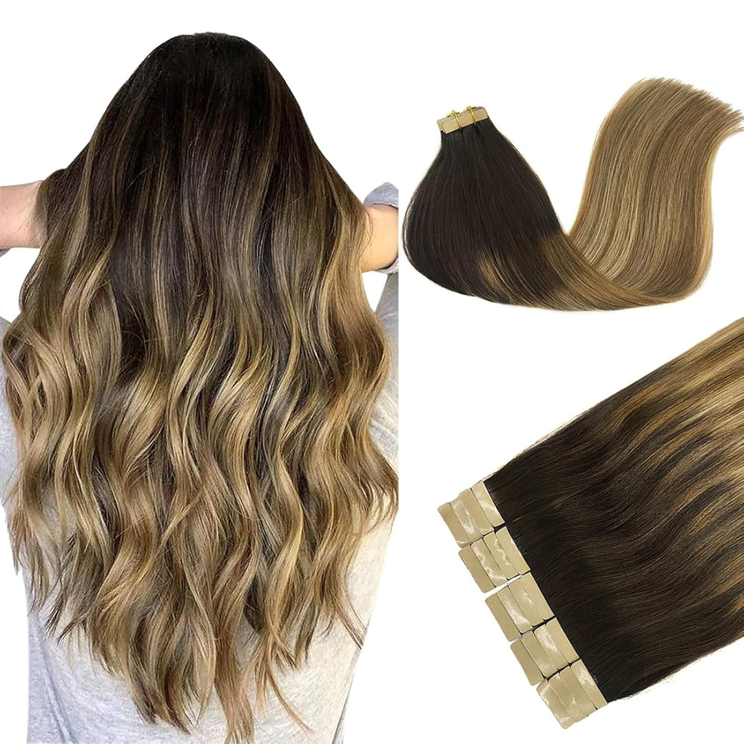DOORES Tape Extensions Echthaar, Dunkel Braun bis Chestnut Braun und Dirty Blonde Highlights 50cm (2