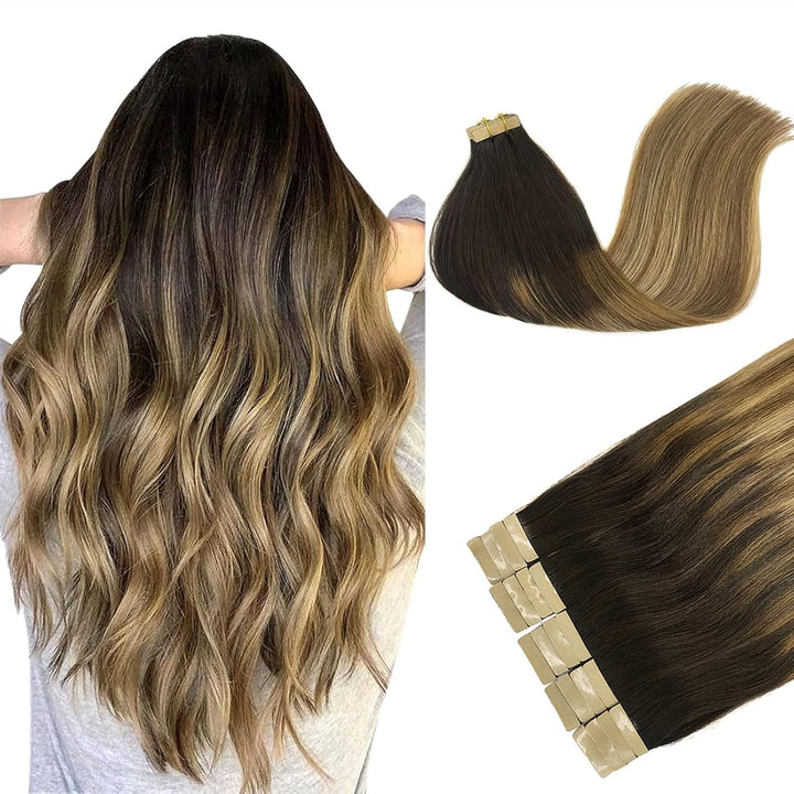 DOORES Tape Extensions Echthaar, Dunkel Braun bis Chestnut Braun und Dirty Blonde Highlights 50cm (2