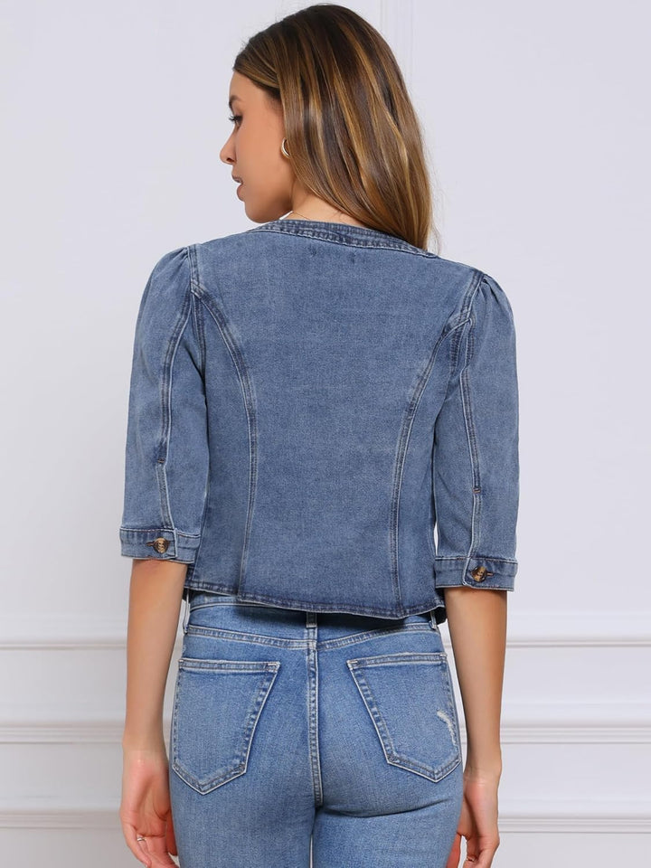 Allegra K Damen Kurze Jeansjacke Kragenlos 3/4 Ärmel Jeansjacken S Grau Blau, S Grau Blau