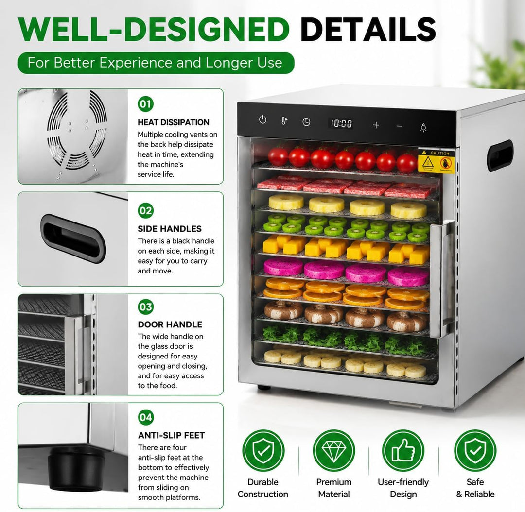 800 Watt Dörrautomat, Food Dehydrator mit 10 Edelstahlschalen LED Touch Control Design, Einstellbare