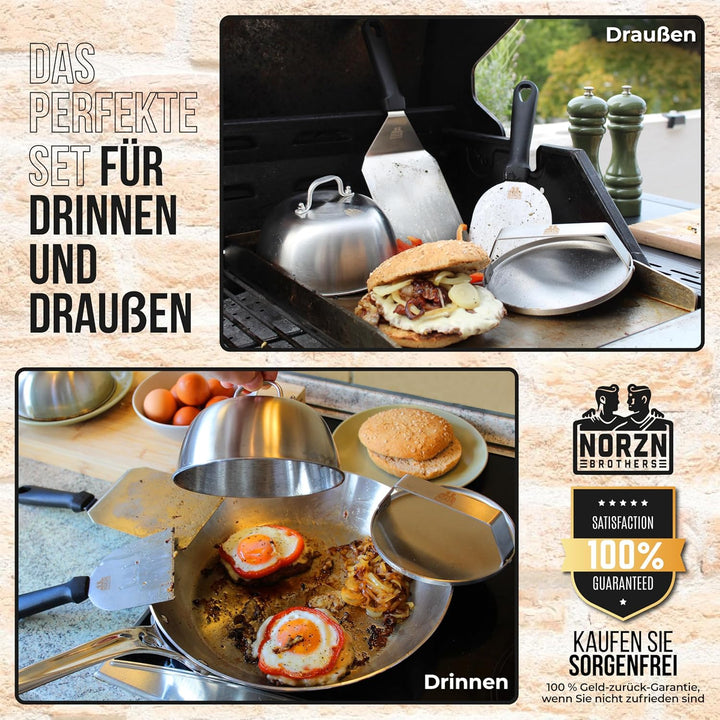 Smash Burger Set – Burger Smasher Set inkl. Hamburgerpresse, Burgerglocke Edelstahl 304, Grillspacht