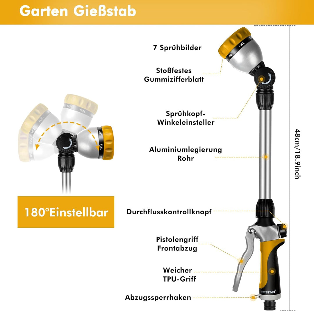 RESTMO Garten Giessstab Metall, 42cm Lang Gartenbrause mit Stiel, 7 Sprühbilder Bewässerung Zauberst