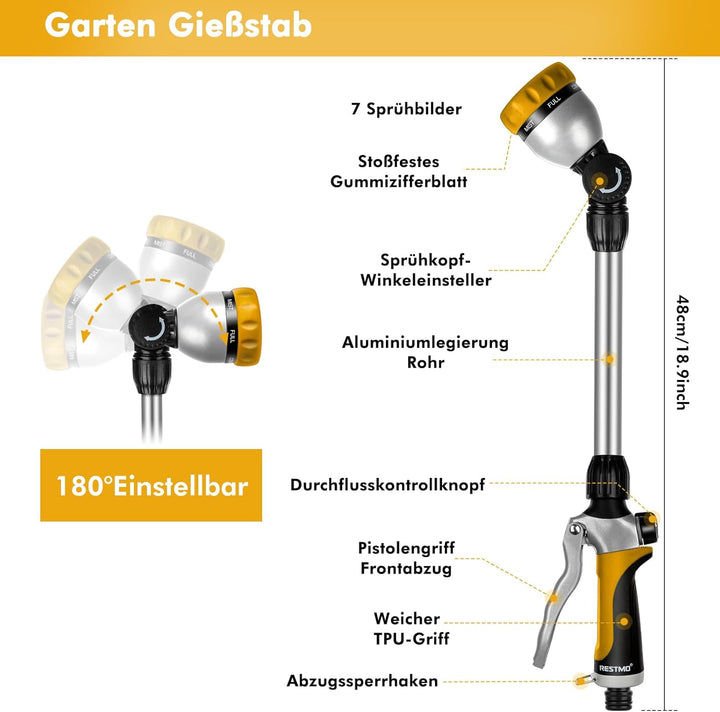 RESTMO Garten Giessstab Metall, 42cm Lang Gartenbrause mit Stiel, 7 Sprühbilder Bewässerung Zauberst