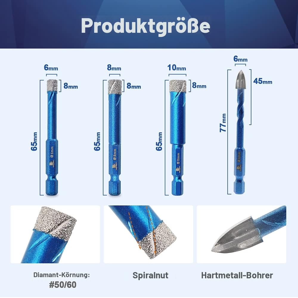 Diamantbohrer Fliesenbohrer Set 6/8/10mm - BRSCHNITT 5 Stück Sechskant-Schaft fliesenbohrer set- Loc