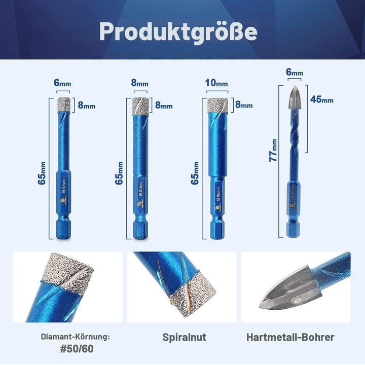 Diamantbohrer Fliesenbohrer Set 6/8/10mm - BRSCHNITT 5 Stück Sechskant-Schaft fliesenbohrer set- Loc