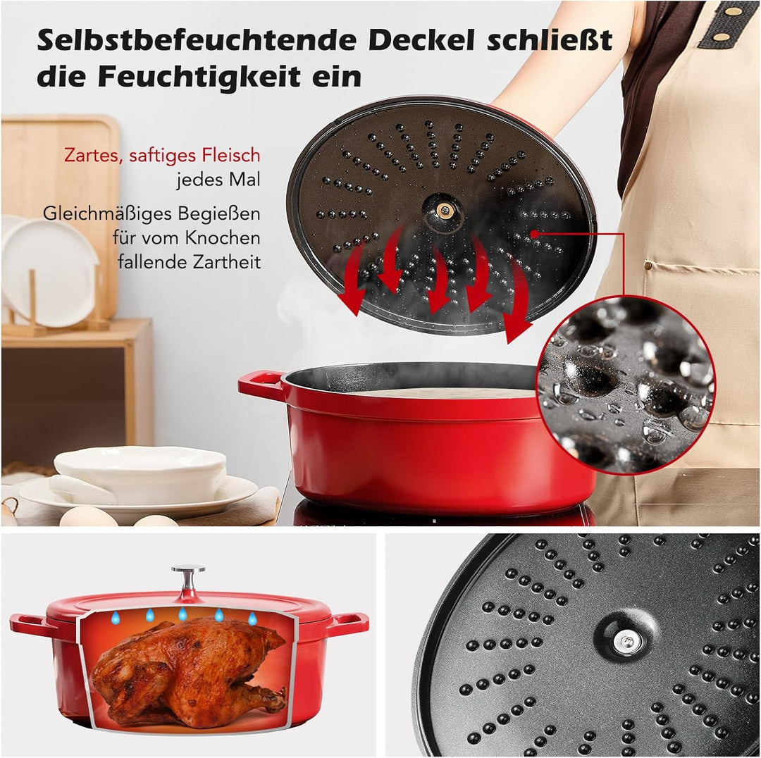 Bräter Oval mit Deckel gross Schmortopf Induktion 31 cm 6,3 L Brot Backen Dutch Oven Stil, leichter