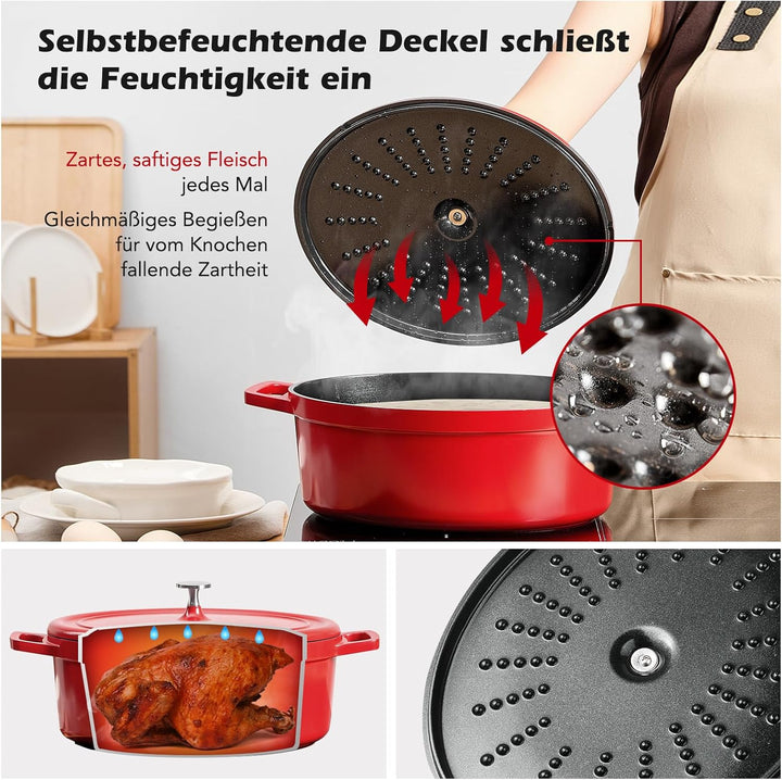 Bräter Oval mit Deckel gross Schmortopf Induktion 31 cm 6,3 L Brot Backen Dutch Oven Stil, leichter