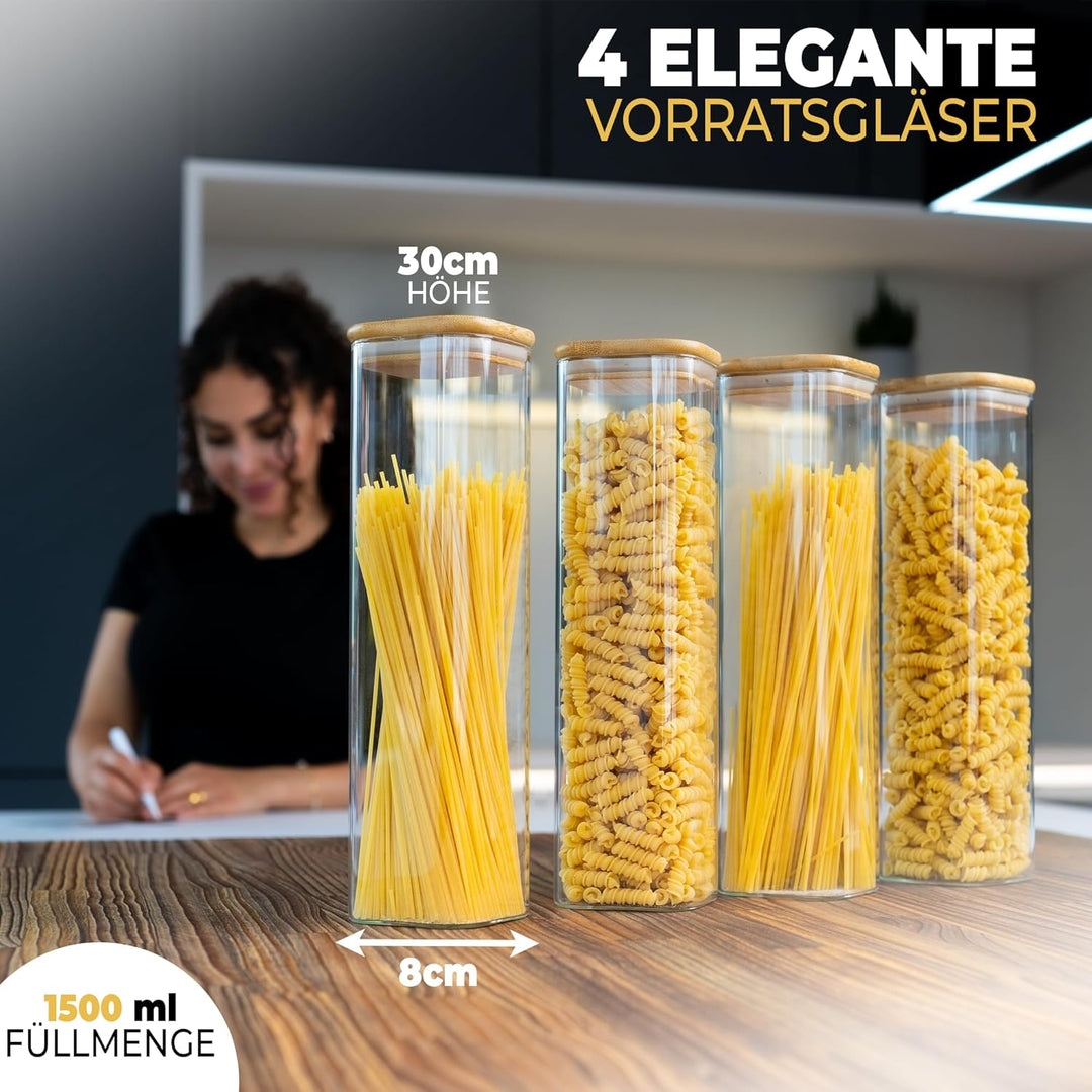 CLIDOR ® Vorratsgläser mit Deckel, Eckig - 4er Set - Extra dickes Glas - Vorratsdosen mit Deckel luf