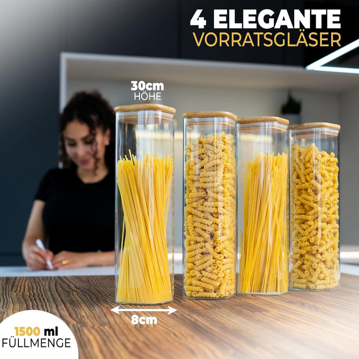 CLIDOR ® Vorratsgläser mit Deckel, Eckig - 4er Set - Extra dickes Glas - Vorratsdosen mit Deckel luf