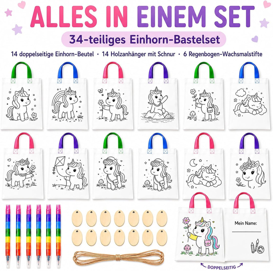 Einhorn Taschen zum Bemalen 34-tlg. Set – 14 Stoffbeutel zum Bemalen für Kinder mit 14 Holzanhängern