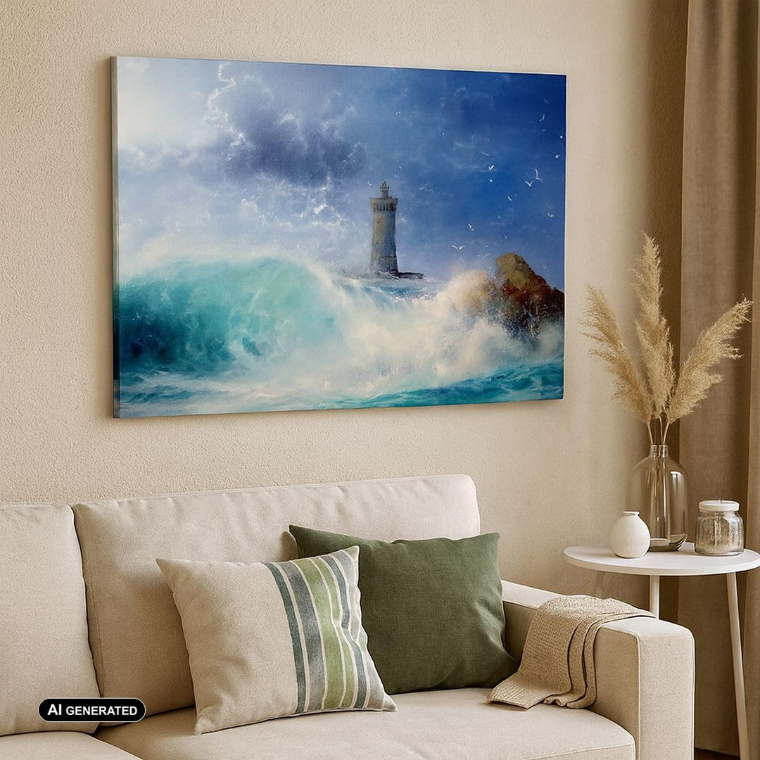 Bilder auf Leinwand 100x70cm Leinwandbild mit Rahmen Leuchtturm Meer Gross Wanddeko Bild Schlafzimme
