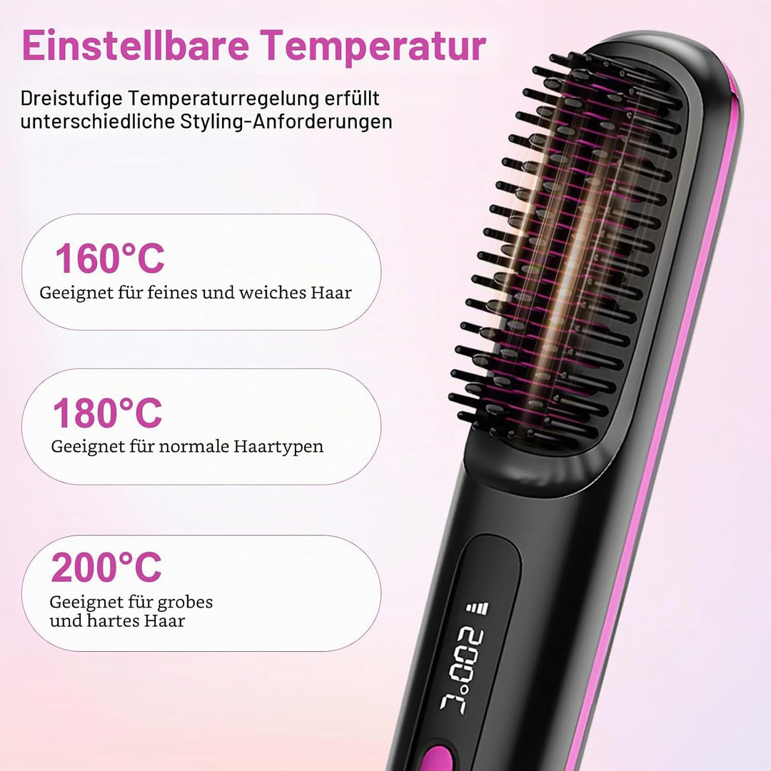 2026 Stylingbürste für kurze Haare Kabellos, LCD Display Glättungsbürste mit 3 Temp-Stufen (160-200°