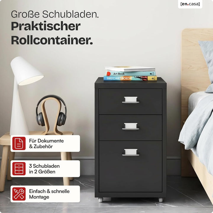 [en.casa] Rollcontainer Kökar Schubladenschrank Metall Aktenschrank mit 3 Schubladen Bürowagen mit R
