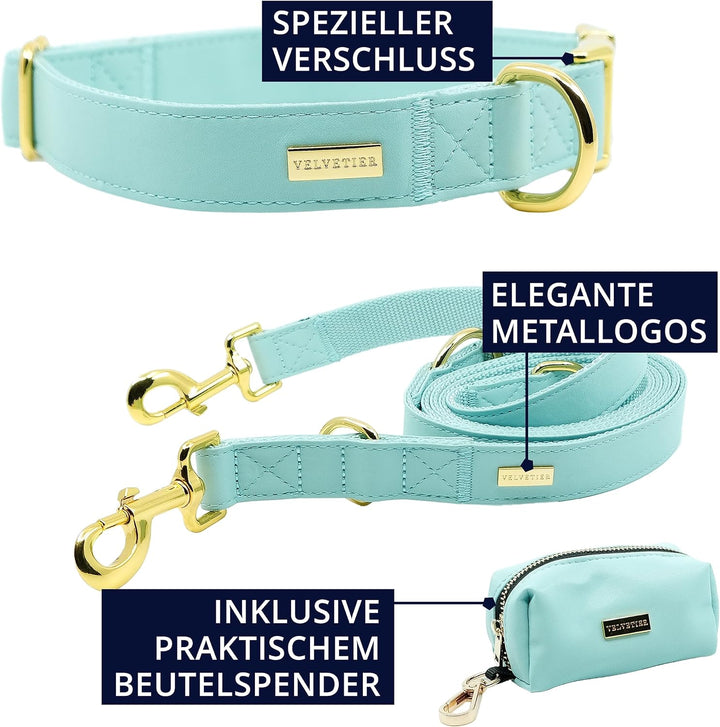 VELVETIER® "Paris" | Halsband Hund im Set mit Leine &amp; Beutelspender | Veganes Leder | Hunde Halsbänd