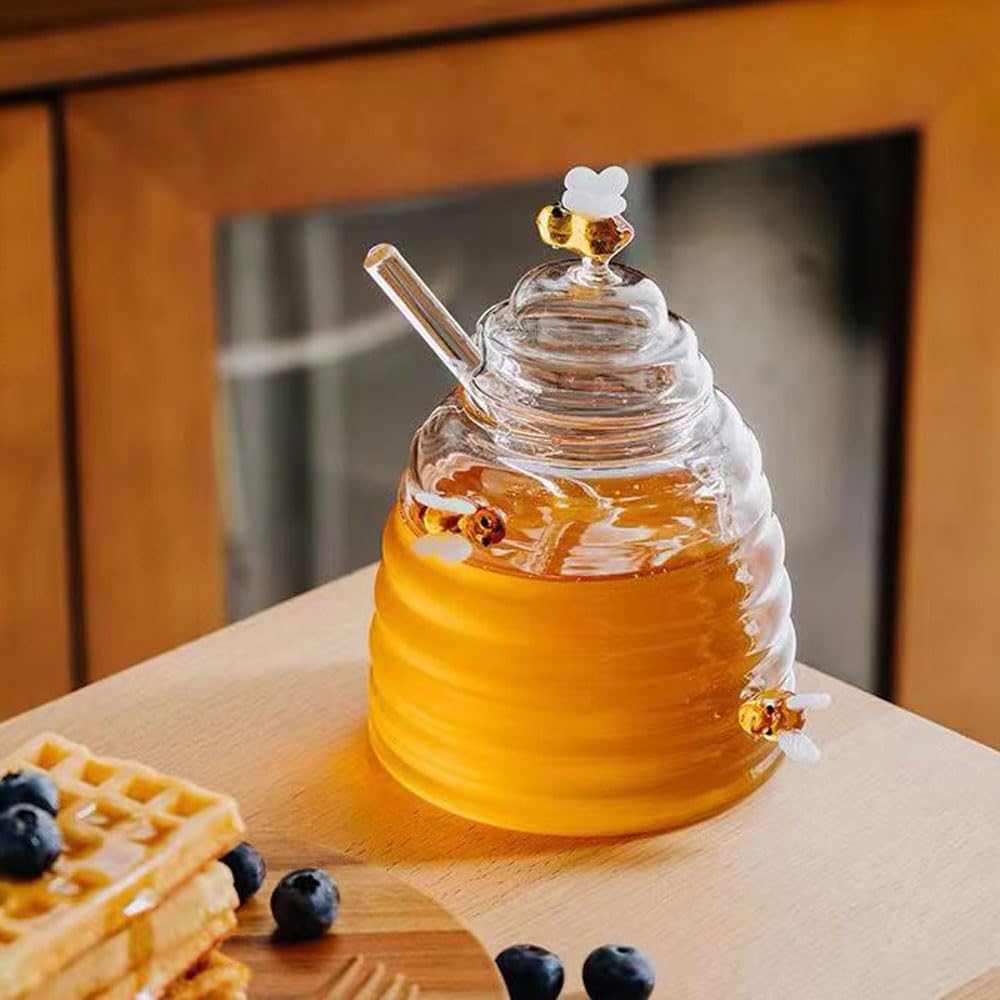 Honigglas aus Glas mit künstlerischen Bienen-Verzierungen und Glaslöffel, 450 ml
