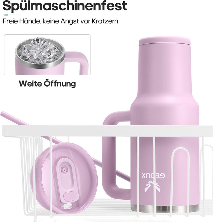 Trinkflasche mit Strohhalm 1.2L - Thermobecher mit Henkel auslaufsicher - Doppelwandige Vakuumisolie