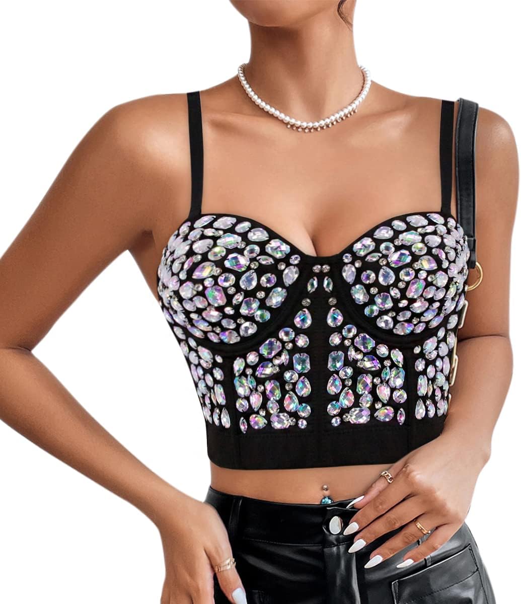 Naimo Damen Sexy Strass Bustier Push Up Crop Top Korsett BH Glitzer Kristall Tank Top Cami Weste Par