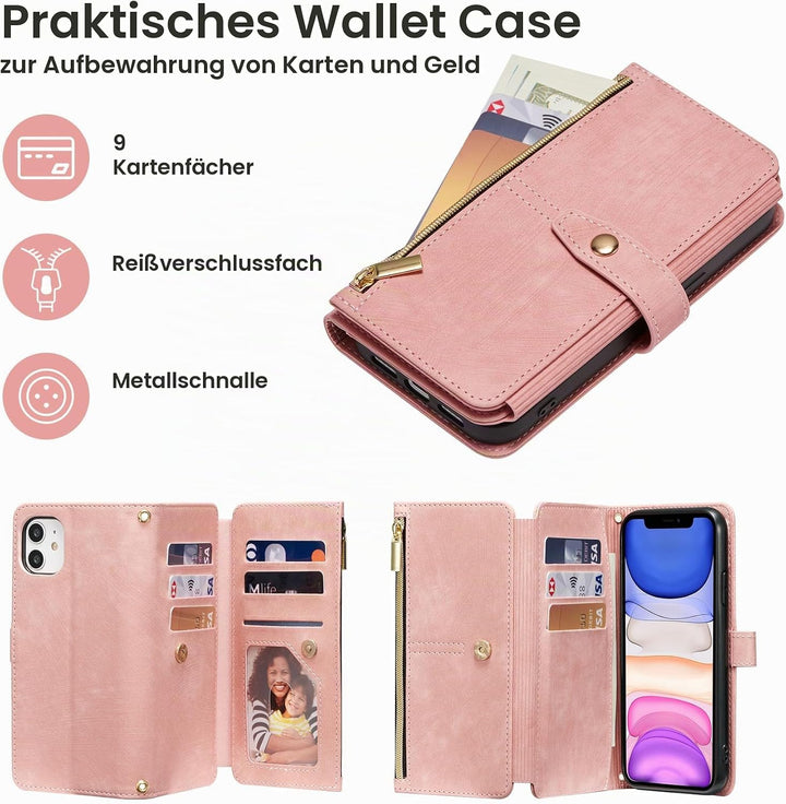 ZCDAYE Handyhülle für iPhone 11 Hülle mit Band, Roségold | Leder Handytasche Geldbörse mit Kartenfäc