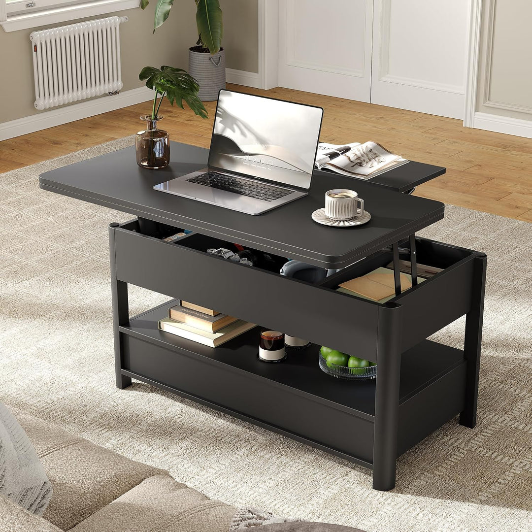 Furnihold Höhenverstellbarer Couchtisch mit Schubladen und Geheimfach, Konvertierbarer Wohnzimmertis