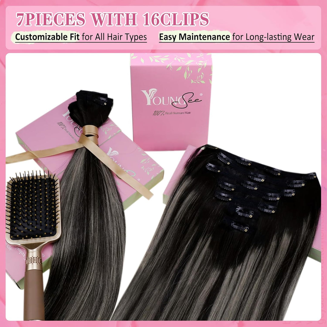 YoungSee Echthaar Extensions Clip Ombre Schwarz 7 Stück 30cm Clip in Extensions Echthaar Schwarz Bal