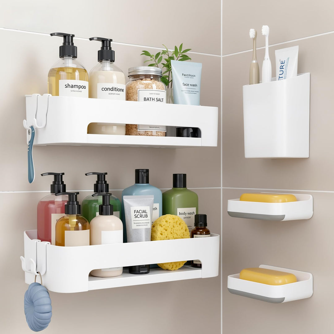 5 Stück Duschablage ohne Bohren, Ostfreie Badezimmer Organizer, Selbstklebend Duschregal mit Abnehmb