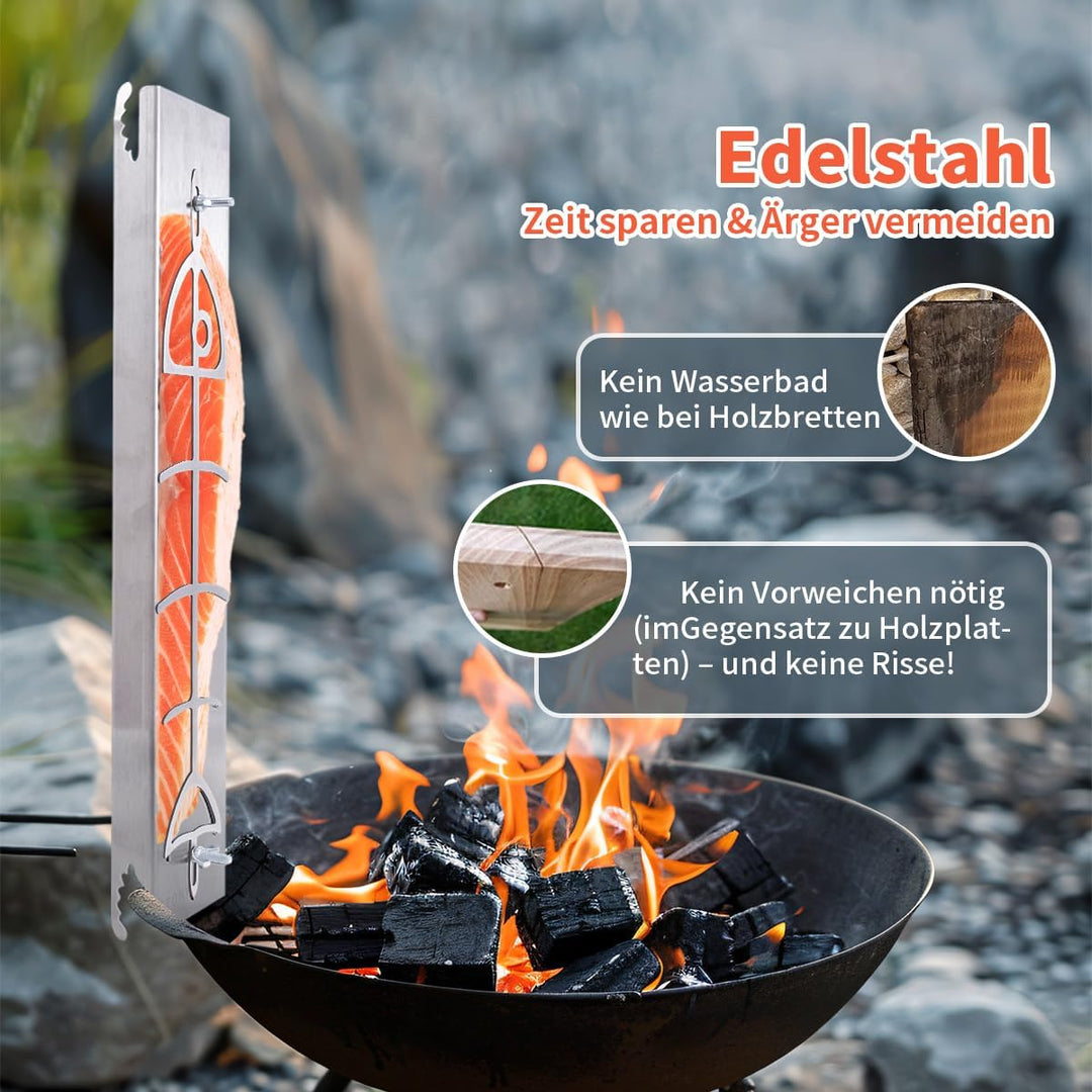 AMOZO Edelstahl Flammlachshalter für Feuerschalen & Kugelgrills | Grillzubehör für Feuerschale und K