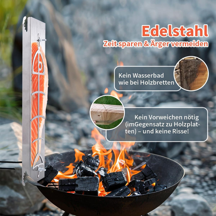 AMOZO Edelstahl Flammlachshalter für Feuerschalen & Kugelgrills | Grillzubehör für Feuerschale und K
