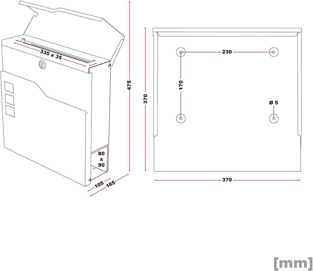 Wiltec Designer Briefkasten V20 anthrazit und Edelstahl 370 x 105 x 370 mm, Wandbriefkasten mit Schl