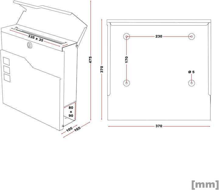 Wiltec Designer Briefkasten V20 anthrazit und Edelstahl 370 x 105 x 370 mm, Wandbriefkasten mit Schl