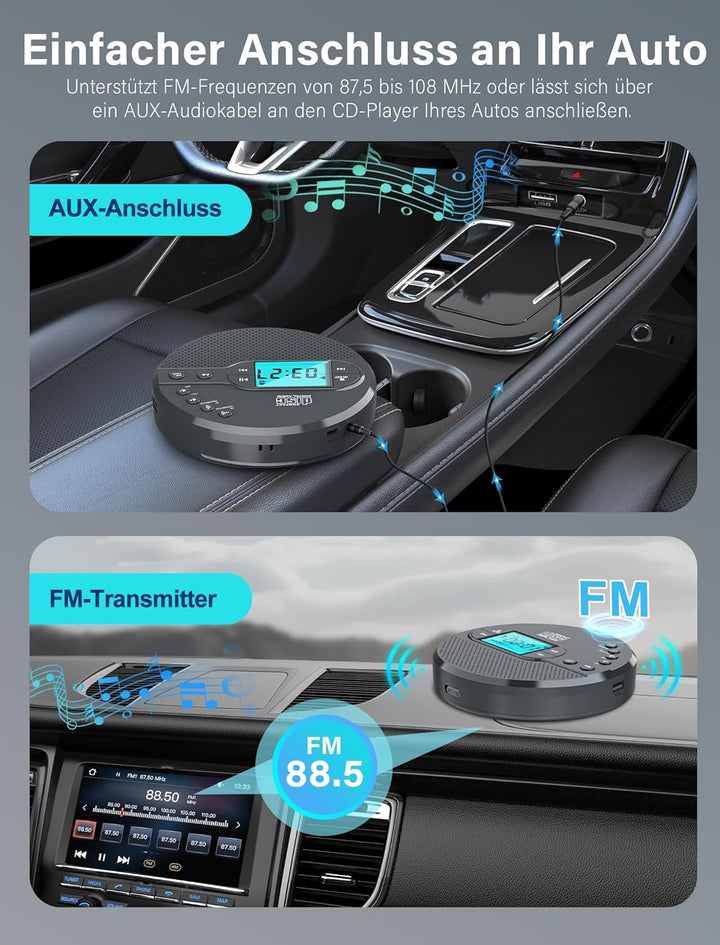 Walkman CD-Player mit Bluetooth - 2000mAh Wiederaufladbarer Discman CD-Player mit FM-Transmitter, Ko