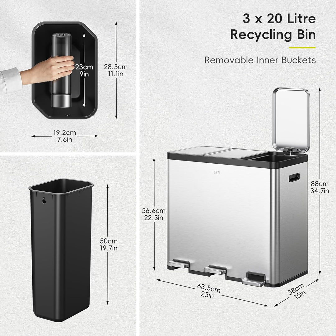 EKO EcoCasa Recycling Mülleimer 20L+20L+20L, Edelstahl 3 Fächer Mülleimer mit individuellen Pedalen